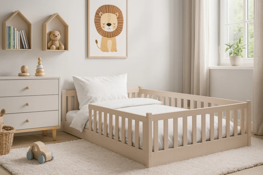 Gemütliches Kinderzimmer in Beigetönen mit Holz-Juniorbett, Löwenbild und flauschigem Teppich.