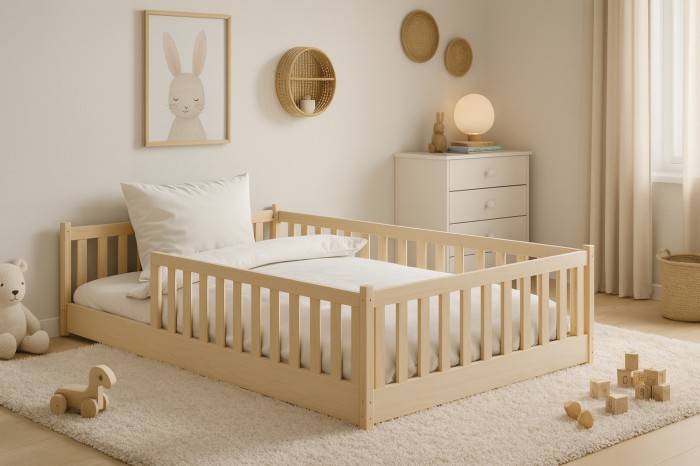 Bodennahes Kinderbett aus hellem Holz mit Rausfallschutz in minimalistischem Kinderzimmer