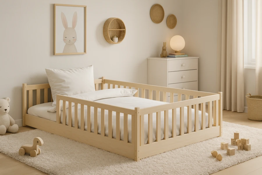 Bodennahes Kinderbett aus hellem Holz mit Rausfallschutz in minimalistischem Kinderzimmer