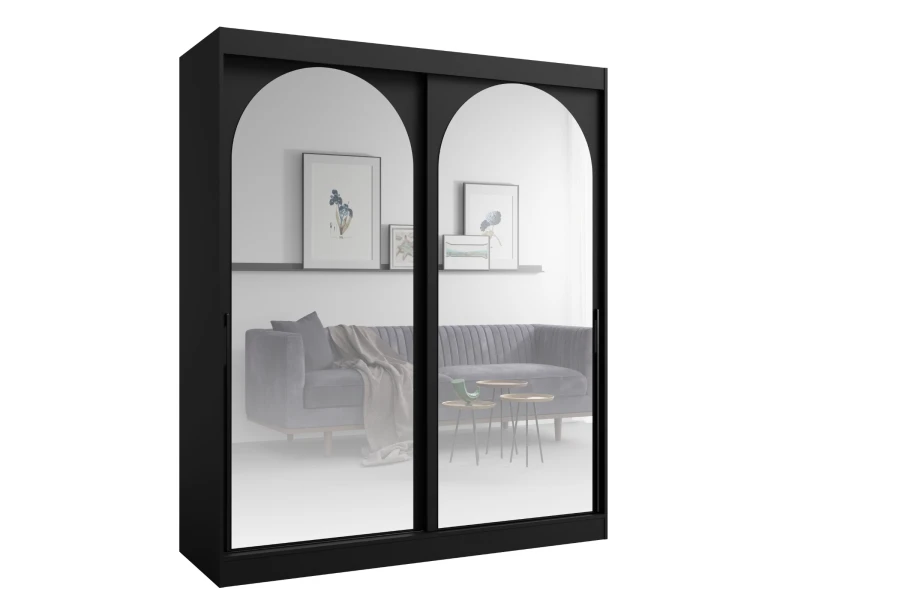 Moderner schwarzer Schwebetürenschrank mit zwei großen Bogenspiegeln für das Schlafzimmer.