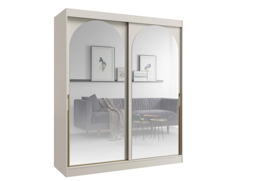 Beiger Kleiderschrank mit Schiebetüren, Rundbogenspiegeln und eleganten goldenen Griffleisten.