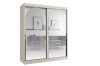 Eleganter beiger Schrank mit Schiebetüren, zwei großen Bogenspiegeln und schwarzen Griffen.