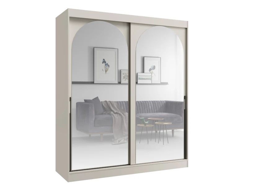 Eleganter beiger Schrank mit Schiebetüren, zwei großen Bogenspiegeln und schwarzen Griffen.