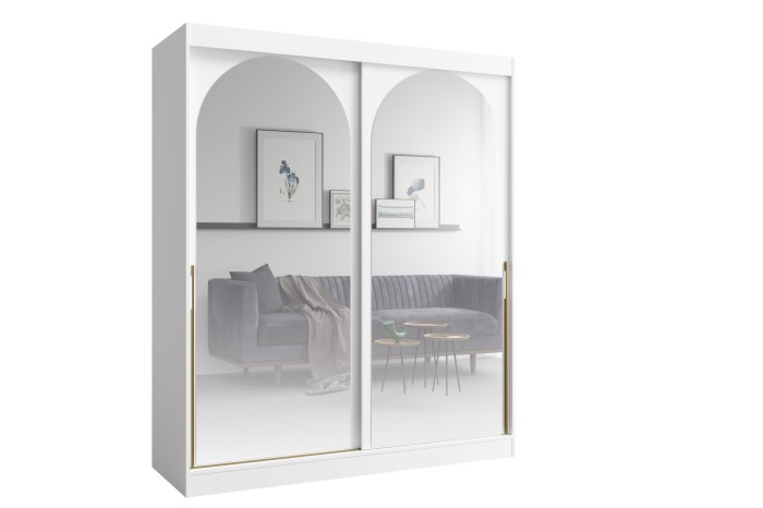 Weißer Schiebetürenschrank mit zwei Bogenspiegeln und goldenen Details.