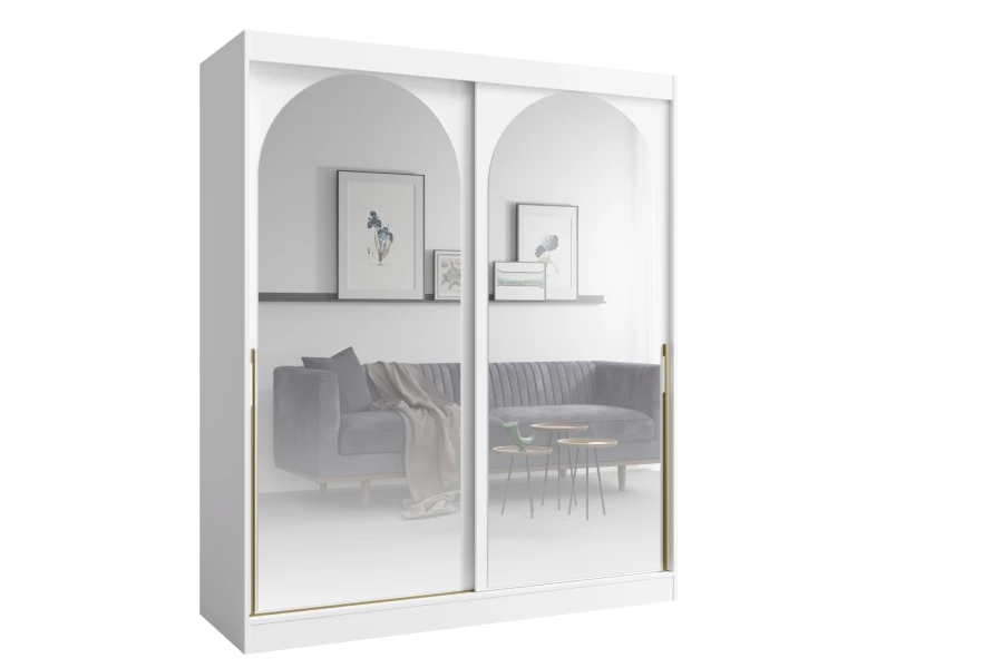 Weißer Schiebetürenschrank mit zwei Bogenspiegeln und goldenen Details.