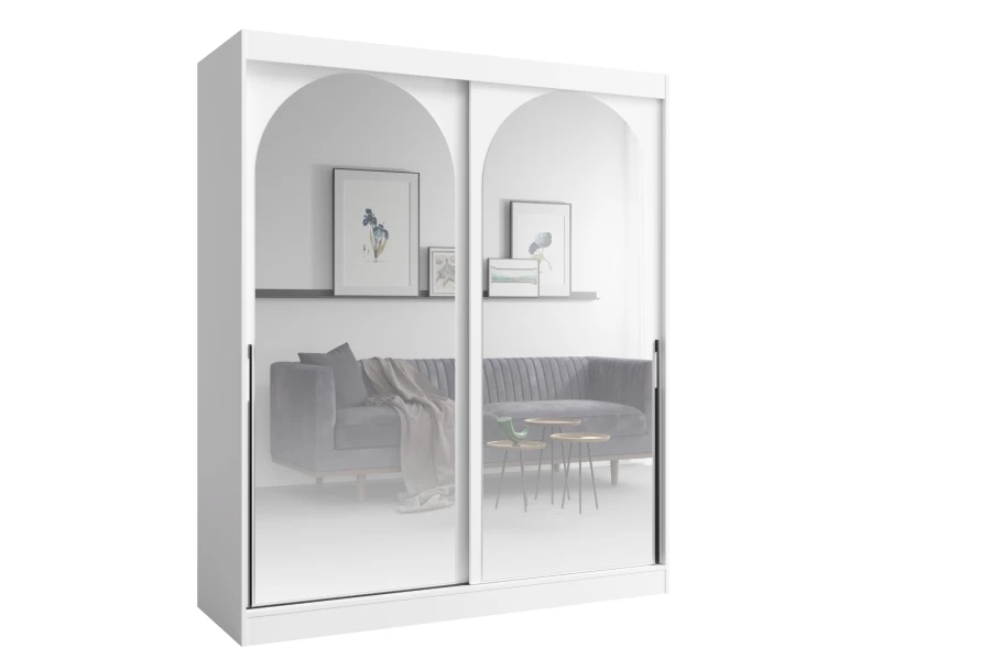 Weißer Kleiderschrank mit Rundbogenspiegeln und schwarzen Griffleisten.