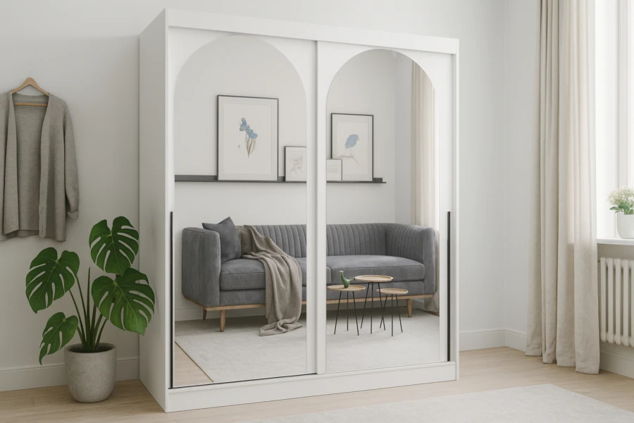 Weißer Kleiderschrank mit Spiegeltüren im modernen Wohnzimmer mit Pflanzen.