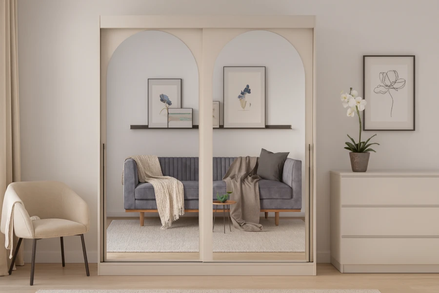 Frontansicht eines Kleiderschranks mit zwei großen Bogenspiegeln in hellem Design.