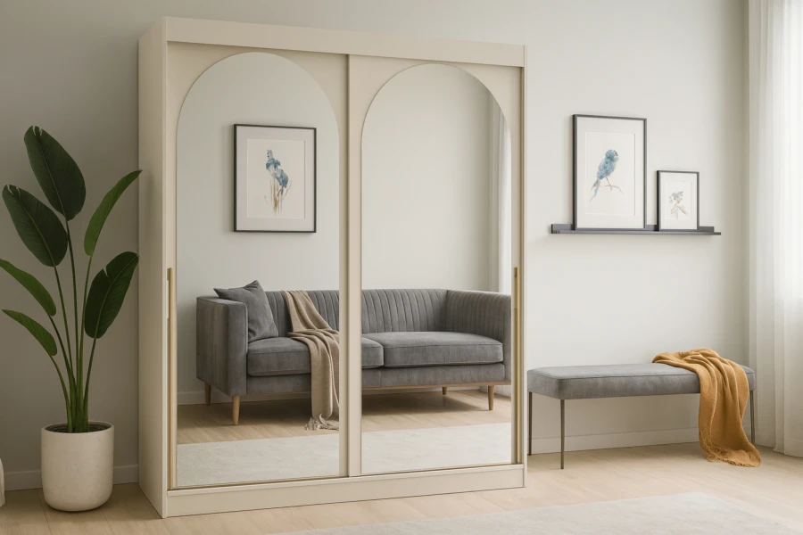 Eleganter beiger Schwebetürenschrank mit zwei großen Bogenspiegeln im hellen Wohnzimmer.