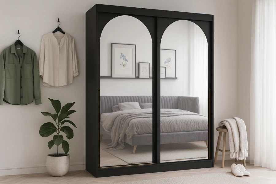 Schwarzer Schlafzimmerschrank mit Bogenspiegeln, die ein gemütliches Bett widerspiegeln.