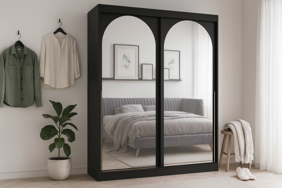 Zwarte slaapkamerkast met boogspiegels die een gezellig bed weerspiegelen.