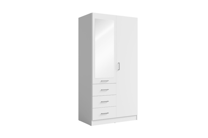 Weißer Kleiderschrank mit Spiegeltür und drei Schubladen in der Schrägansicht, modernes Design.