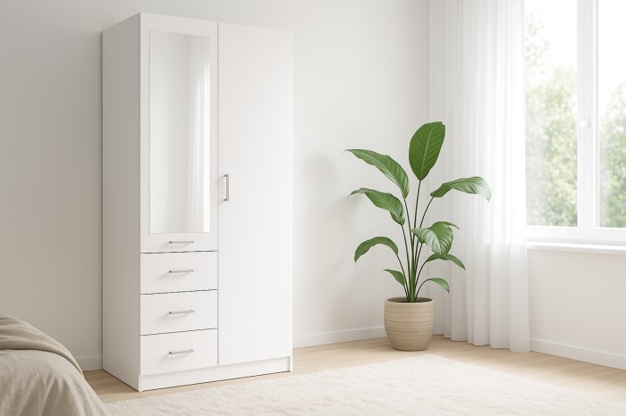 Weißer Schlafzimmerschrank mit Spiegel in einer hellen Raumsituation neben einer grünen Zimmerpflanze.