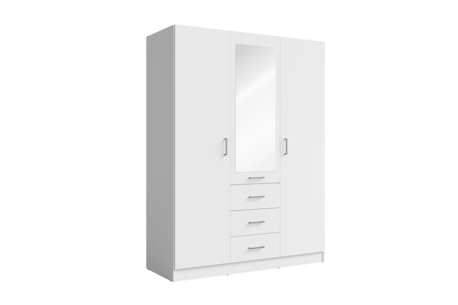 Moderner weißer Kleiderschrank mit 3 Türen, Spiegel und 3 Schubladen vor weißem Hintergrund.