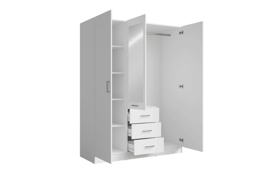 Offener weißer Kleiderschrank mit Einlegeböden, Kleiderstange und Schubladen für optimalen Stauraum.