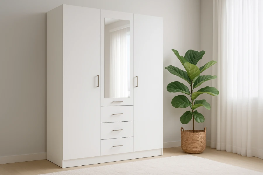 Weißer Schlafzimmerschrank mit Spiegel in hellem Zimmer neben einer dekorativen Zimmerpflanze.