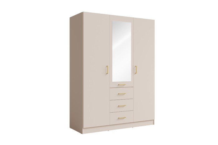 Eleganter beiger Kleiderschrank mit goldenen Griffen, 3 Türen und einem praktischen Spiegel.