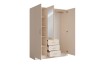 Beige kledingkast met 3 deuren, spiegel & 3 laden, open aanzicht met indeling & kledingstang.