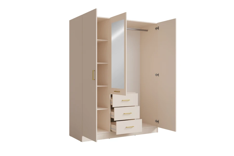 Beige wardrobe with 3 doors, mirror & 3 drawers, open view with layout & clothes rail.