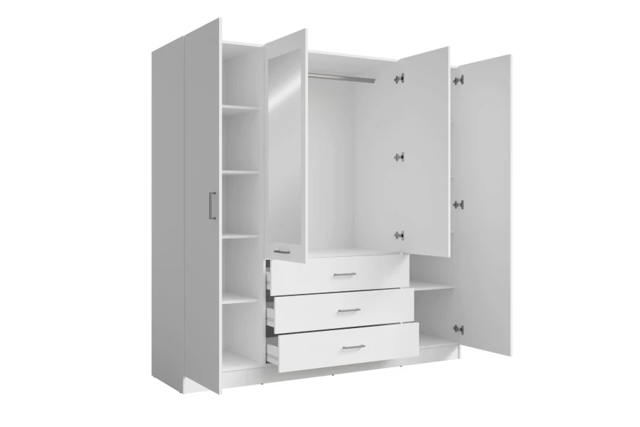 White wardrobe open: View of shelves, clothes rail and pulled-out drawers.