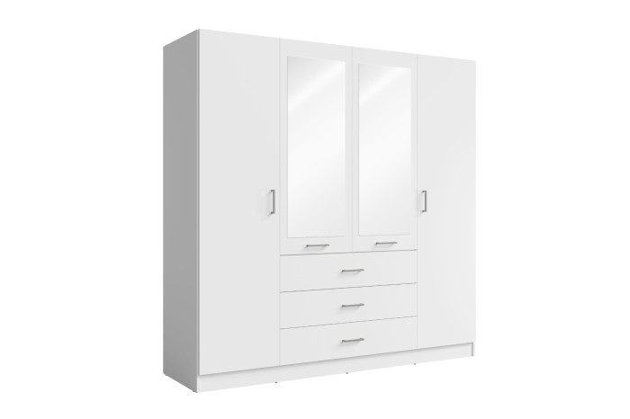 Viertüriger Kleiderschrank in Weiß mit zwei Spiegeln und drei Schubladen, viel Stauraum fürs Schlafzimmer.