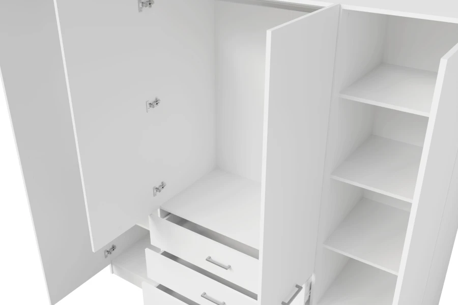 Detailed view of wardrobe interior: white shelves and open drawers.
