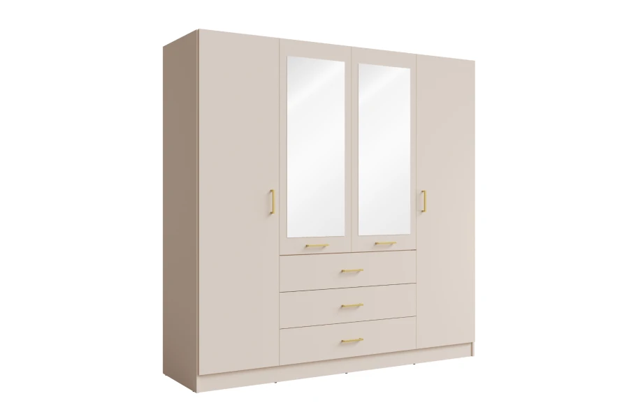 Beiger 4-türiger Kleiderschrank mit Spiegeltüren und eleganten Goldgriffen.