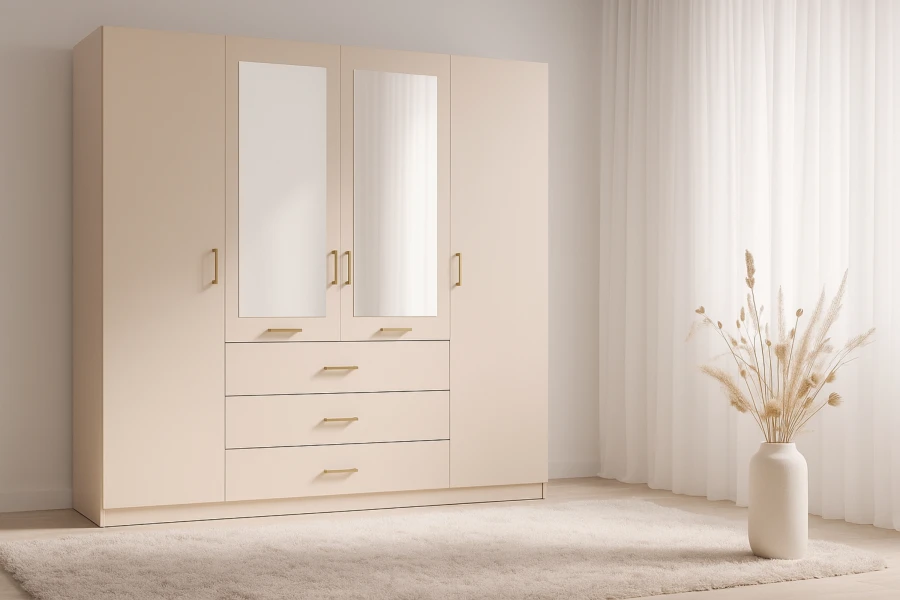Stilvoller beiger Kleiderschrank im Schlafzimmer mit Teppich und Dekovase.