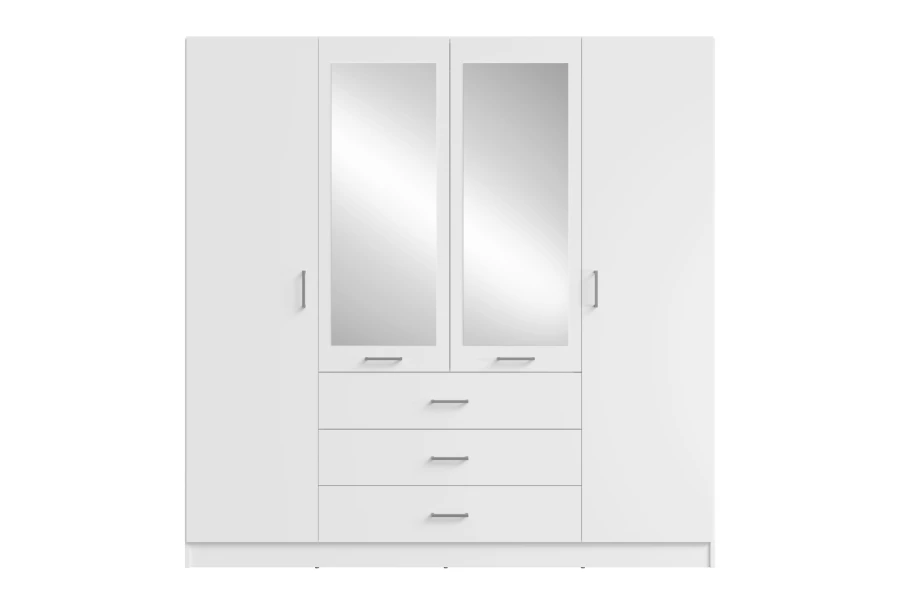 White wardrobe with two mirrored doors and three practical drawers in the middle.
