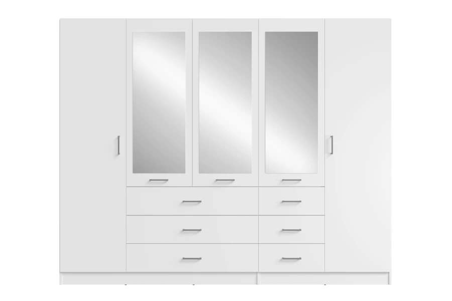 Large white wardrobe with five doors, three integrated mirrors and six spacious drawers.