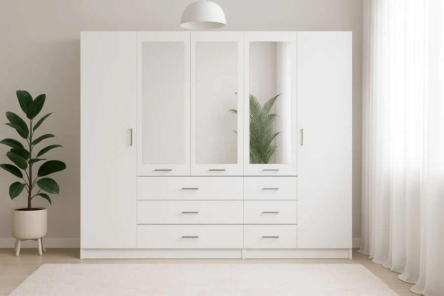 Modern white wardrobe with mirrors and drawers in a bright bedroom.