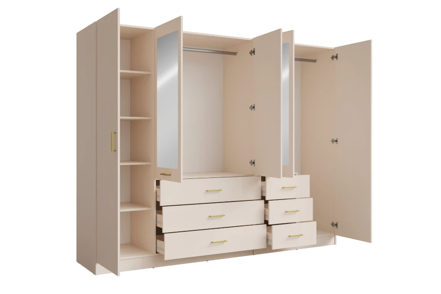 Beige wardrobe open with a view of the shelf compartments, clothes rails and drawers.
