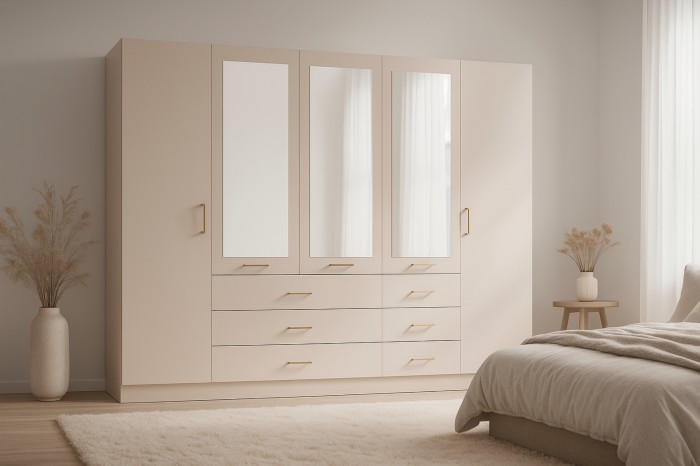 Schlichter beiger Kleiderschrank mit Spiegeln in einem modern dekorierten Schlafzimmer.