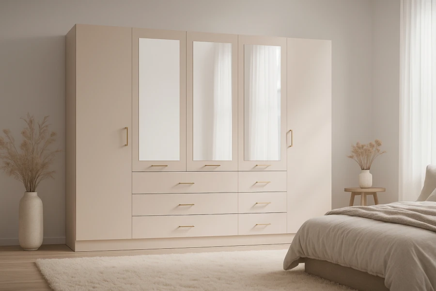 Simple beige wardrobe with mirrors in a modernly decorated bedroom.