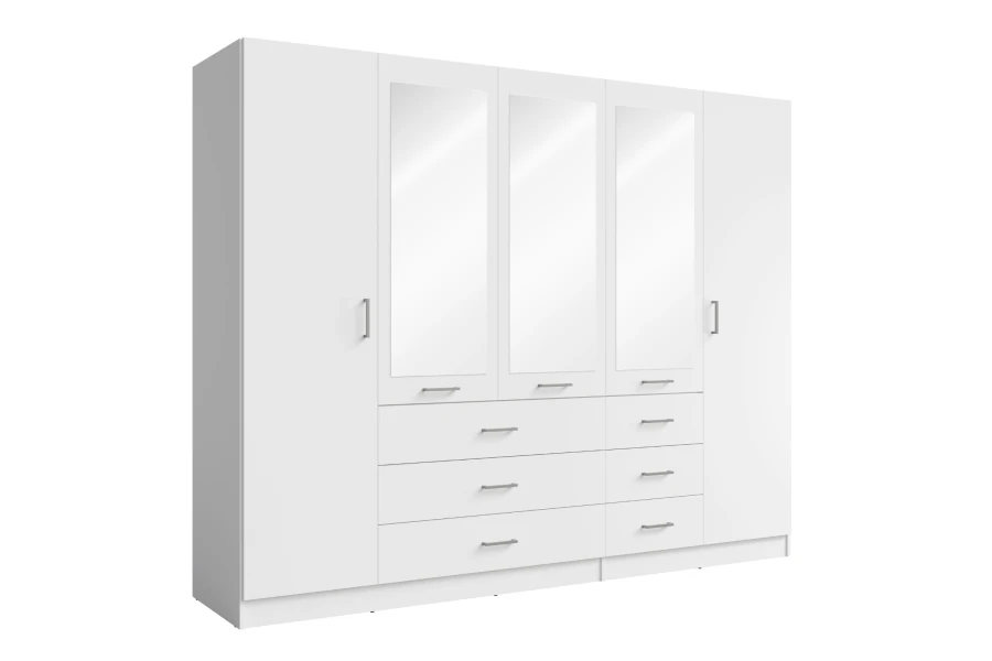 White 5-door wardrobe with mirrors and drawers against a white background.
