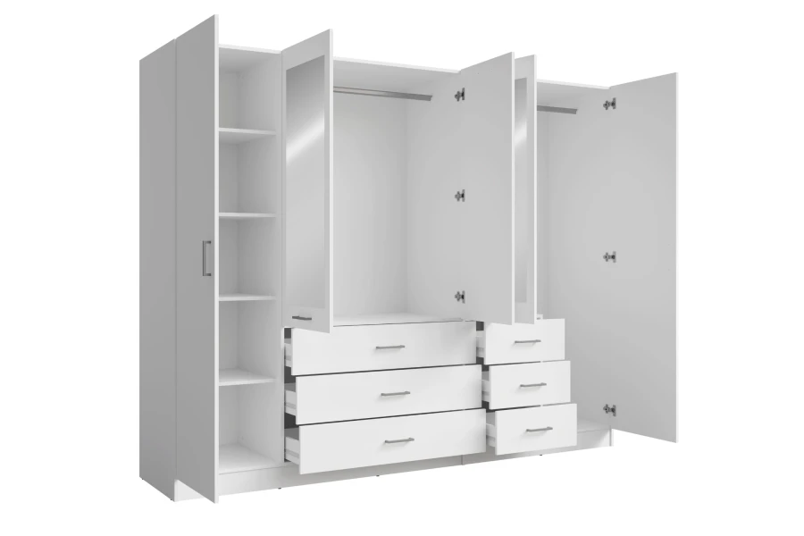 Offener weißer Schlafzimmerschrank zeigt Innenaufteilung mit Fächern und Kleiderstangen.