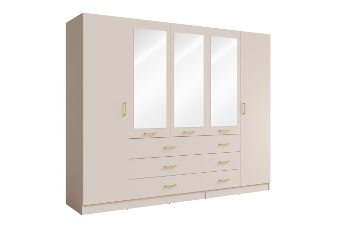 Eleganter beige Kleiderschrank mit Spiegeln und goldenen Griffen für das Schlafzimmer.