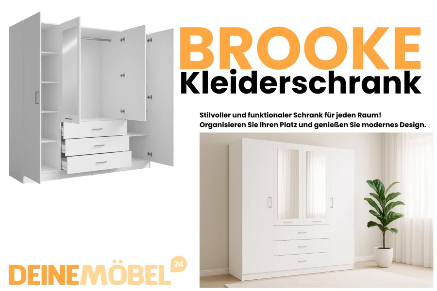 Large BROOKE wardrobe in white with four doors and two mirrors.