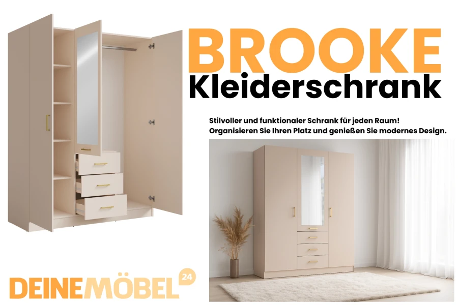 Beiger BROOKE Kleiderschrank mit Spiegel und Schubladen für ein modernes Schlafzimmer-Design.