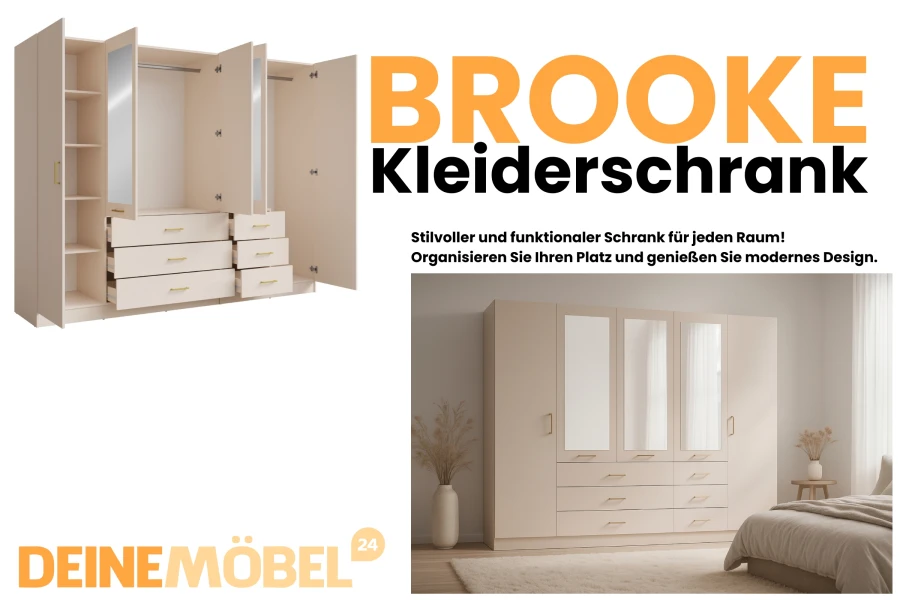Grote BROOKE kledingkast in beige met 6 deuren en spiegels voor veel opbergruimte in de slaapkamer.