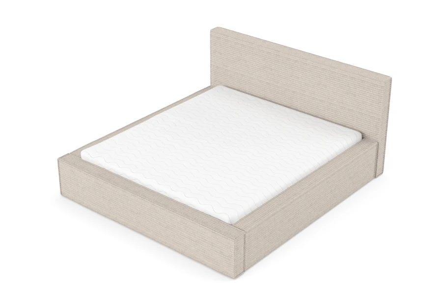 Elegantes Polsterbett in Beige mit geripptem Stoff und Matratze, schräge Seitenansicht.