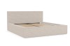 Bettgestell aus beigem Cordstoff mit sichtbarem Lattenrost aus Holz ohne Matratze.