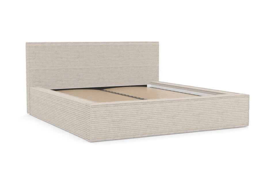 Bettgestell aus beigem Cordstoff mit sichtbarem Lattenrost aus Holz ohne Matratze.