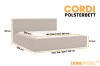 Produktmaße für das Cordi Polsterbett in Beige mit verschiedenen Größenoptionen.