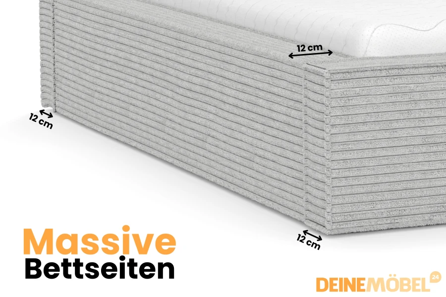 Detail der massiven 12 cm breiten Bettseiten des Cordi Polsterbetts in Cord-Optik.