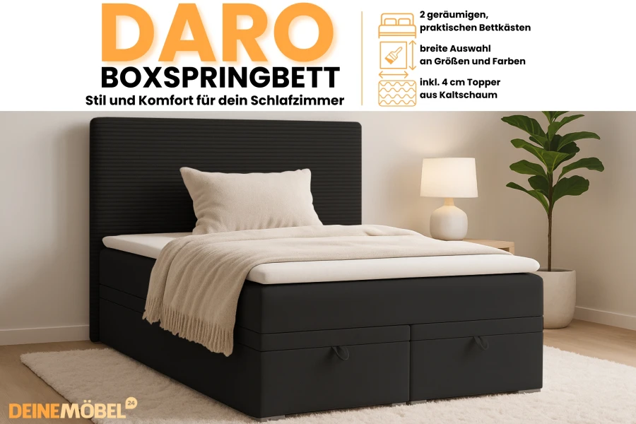 DARO Boxspringbett in Schwarz mit integrierten Bettkästen und Kaltschaum-Topper.