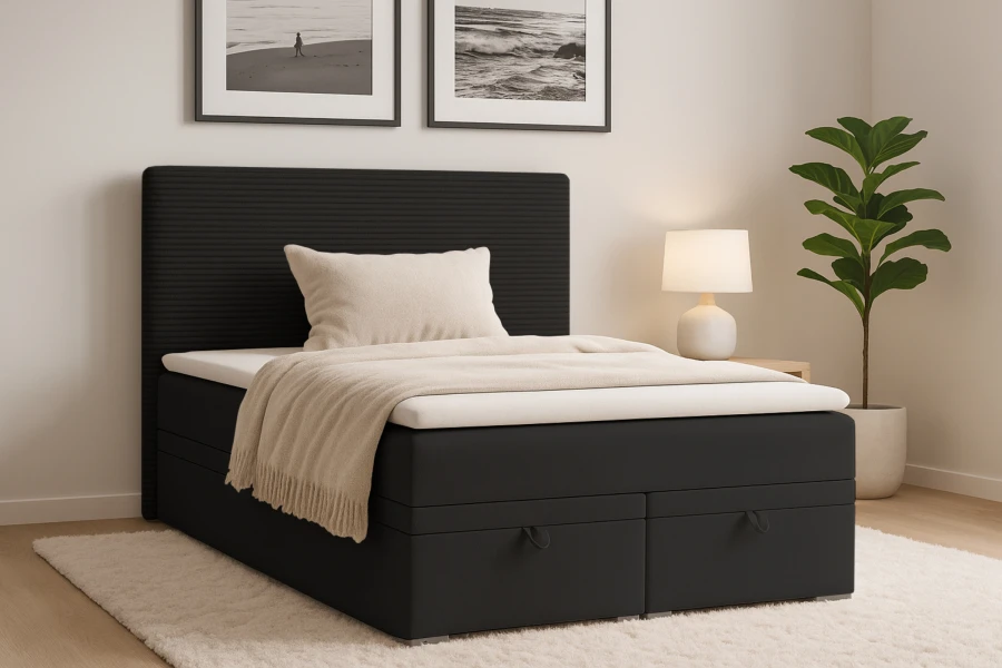 Elegantes schwarzes Boxspringbett mit Stauraum-Funktion im modernen Schlafzimmer.
