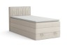 Beiges Boxspringbett mit geriffeltem Kopfteil und integriertem Bettkasten auf weißem Hintergrund.
