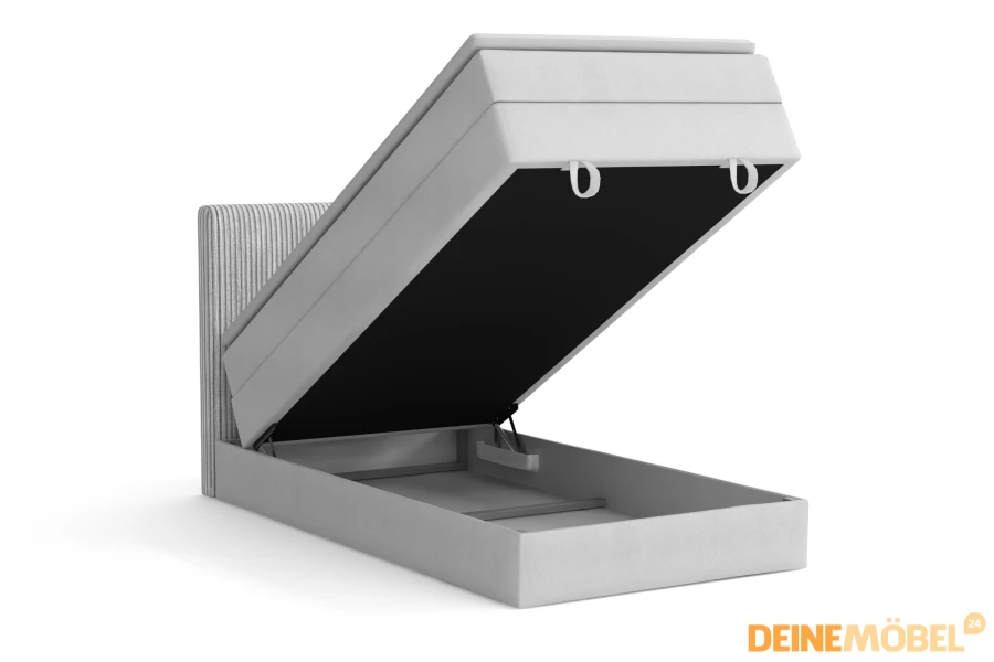 Boxspringbett mit praktischem Bettkasten bietet viel Platz zum Verstauen von Bettwäsche.