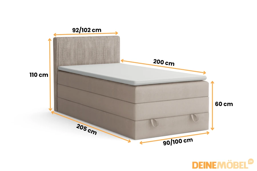 Detaillierte Maße und Größen des Boxspringbetts 90x200 cm und 100x200 cm.